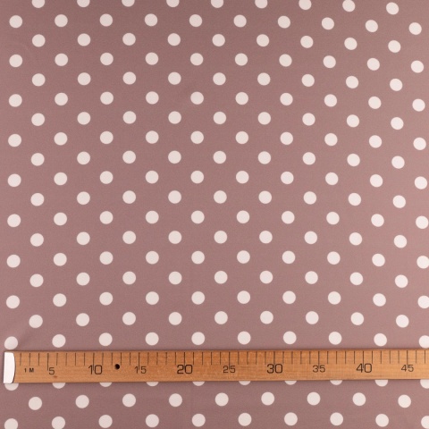 Tkanina Twill ciemnobeżowa w białe grochy na metry - szer. 150 cm - 180 g/m²