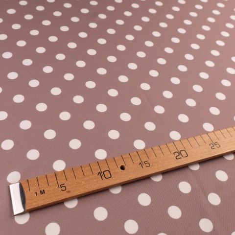 Tkanina Twill ciemnobeżowa w białe grochy na metry - szer. 150 cm - 180 g/m²