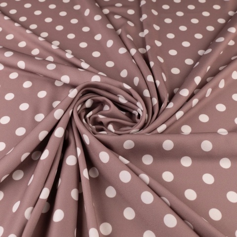 Tkanina Twill ciemnobeżowa w białe grochy na metry - szer. 150 cm - 180 g/m²