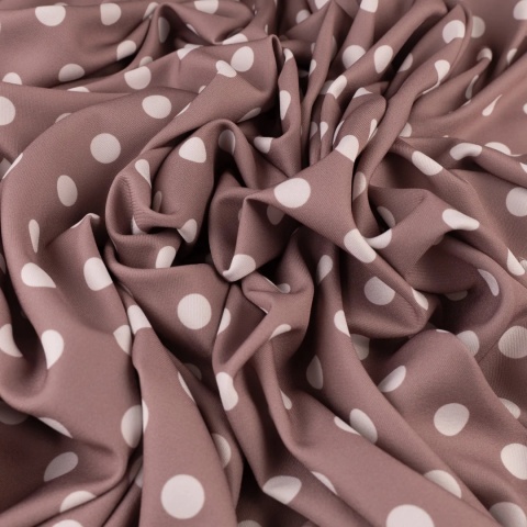 Tkanina Twill ciemnobeżowa w białe grochy na metry - szer. 150 cm - 180 g/m²