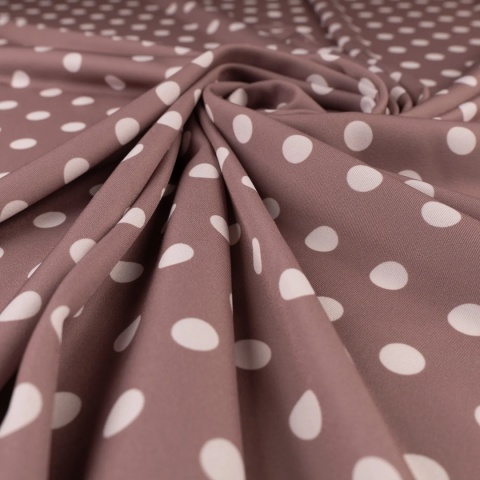 Tkanina Twill ciemnobeżowa w białe grochy na metry - szer. 150 cm - 180 g/m²