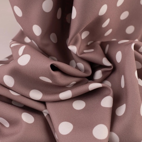 Tkanina Twill ciemnobeżowa w białe grochy na metry - szer. 150 cm - 180 g/m²