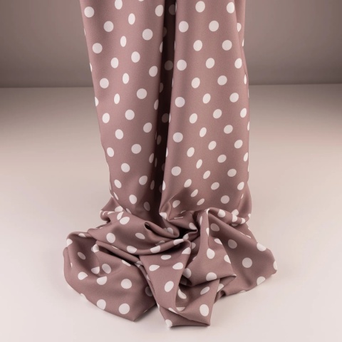 Tkanina Twill ciemnobeżowa w białe grochy na metry - szer. 150 cm - 180 g/m²