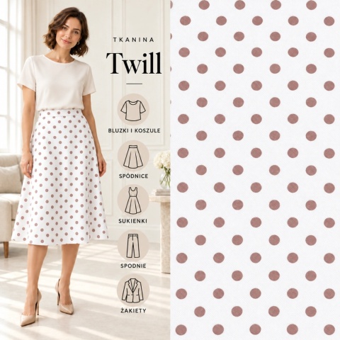 Tkanina Twill ecru w ciemnobeżowe grochy na metry - szer. 150 cm - 180 g/m²