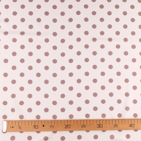 Tkanina Twill ecru w ciemnobeżowe grochy na metry - szer. 150 cm - 180 g/m²