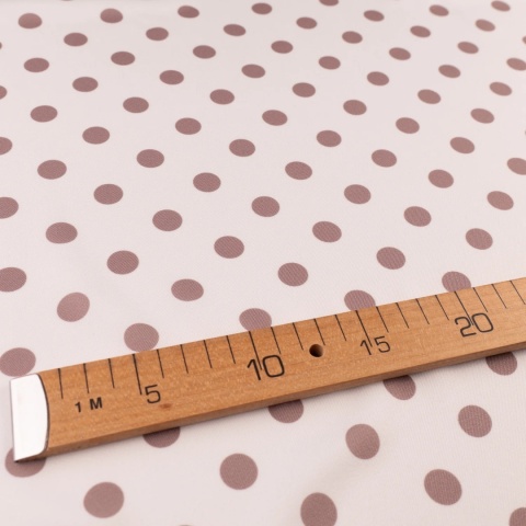 Tkanina Twill ecru w ciemnobeżowe grochy na metry - szer. 150 cm - 180 g/m²