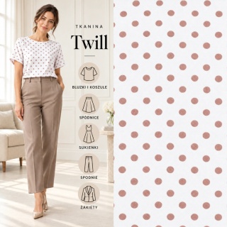 Tkanina Twill ecru w jasnobeżowe grochy na metry - szer. 150 cm - 180 g/m²