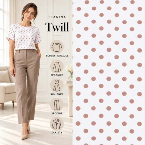 Tkanina Twill ecru w jasnobeżowe grochy na metry - szer. 150 cm - 180 g/m²