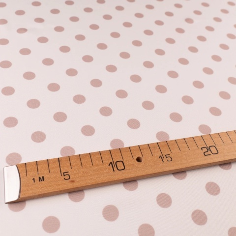 Tkanina Twill ecru w jasnobeżowe grochy na metry - szer. 150 cm - 180 g/m²