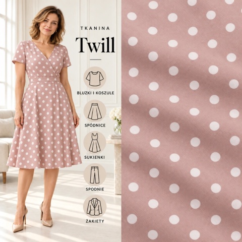 Tkanina Twill jasnobeżowa w białe grochy na metry - szer. 150 cm - 180 g/m²