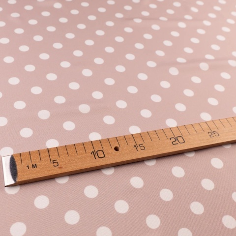 Tkanina Twill jasnobeżowa w białe grochy na metry - szer. 150 cm - 180 g/m²