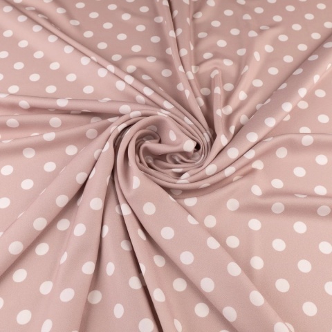 Tkanina Twill jasnobeżowa w białe grochy na metry - szer. 150 cm - 180 g/m²