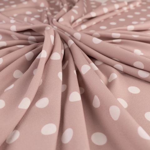 Tkanina Twill jasnobeżowa w białe grochy na metry - szer. 150 cm - 180 g/m²