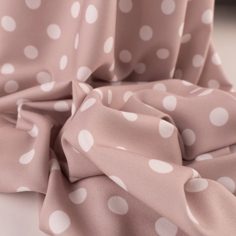 Tkanina Twill jasnobeżowa w białe grochy na metry - szer. 150 cm - 180 g/m²