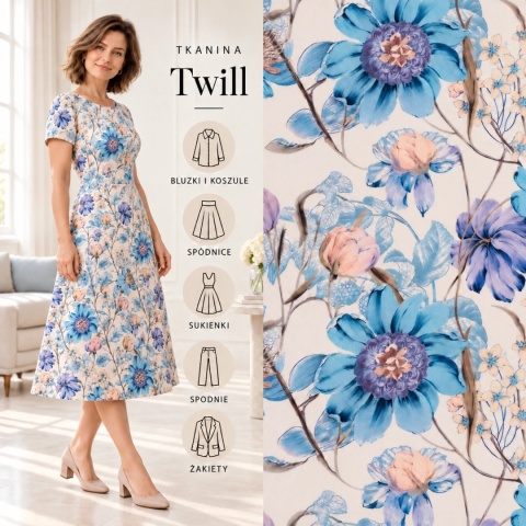 Tkanina Twill kremowa w duże niebieskie i pudroworóżowe kwiaty na metry - szer. 150 cm - 180 g/m²