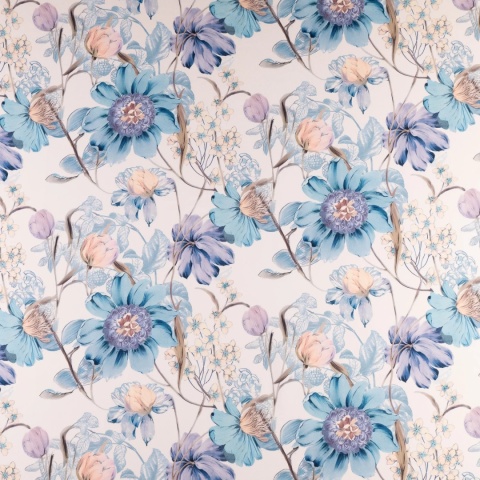 Tkanina Twill kremowa w duże niebieskie i pudroworóżowe kwiaty na metry - szer. 150 cm - 180 g/m²