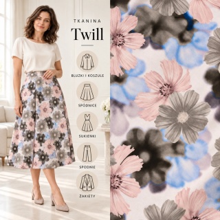 Tkanina Twill kremowa w duże różowe, szare i błękitne kwiaty na metry - szer. 150 cm - 180 g/m²