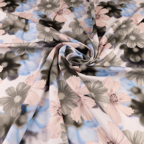 Tkanina Twill kremowa w duże różowe, szare i błękitne kwiaty na metry - szer. 150 cm - 180 g/m²