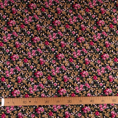 Tkanina wiskozowa czarna w drobne różowe i musztardowe kwiaty na metry - szer. 150 cm - 120 g/m²