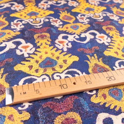 Tkanina wiskozowa granatowa w żółty wzór orientalny na metry - szer. 150 cm - 120 g/m²