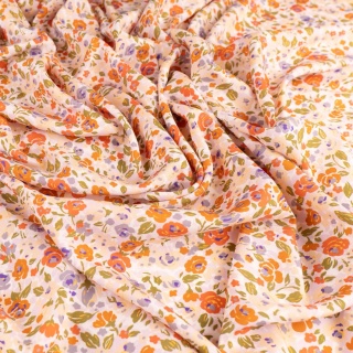 Tkanina wiskozowa kremowa w drobne pomarańczowe i fioletowe kwiaty na metry - szer. 150 cm - 120 g/m²