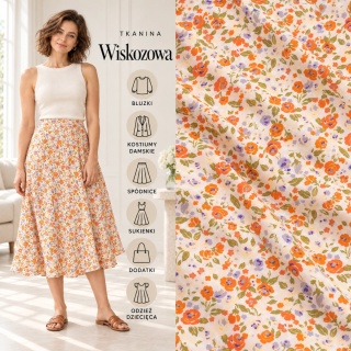 Tkanina wiskozowa kremowa w drobne pomarańczowe i fioletowe kwiaty na metry - szer. 150 cm - 120 g/m²