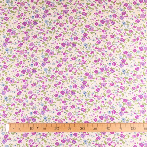 Tkanina wiskozowa kremowa w drobne różowe i niebieskie kwiaty na metry - szer. 150 cm - 120 g/m²