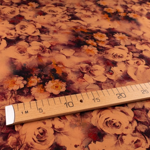 Tkanina wiskozowa rdzawo-brązowa w duże akwarelowe kwiaty na metry - szer. 150 cm - 120 g/m²