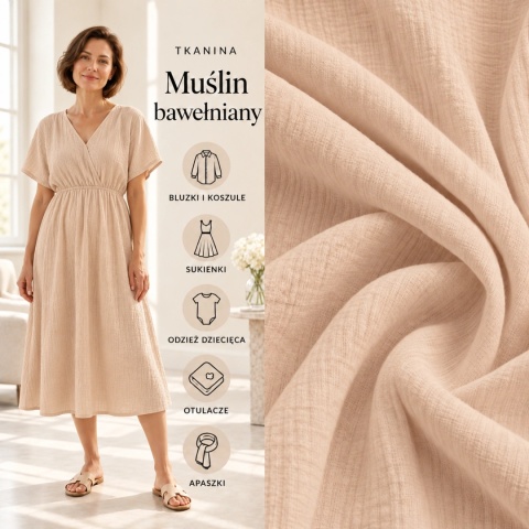 Muślin bawełniany beżowy na metry - szer. 140 cm - 150 g/m²