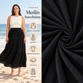 Muślin bawełniany czarny na metry - szer. 140 cm - 150 g/m²