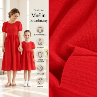 Muślin bawełniany czerwony na metry - szer. 140 cm - 150 g/m²