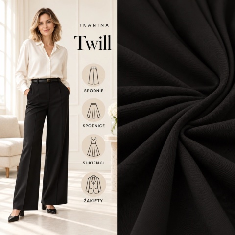 Tkanina Twill czarna na metry - szer. 150 cm - 180 g/m²