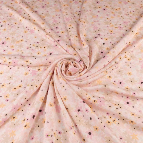 Tkanina wiskozowa jasnoróżowa w drobne różowe i beżowe kwiaty na metry- szer. 150 cm - 200 g/m²